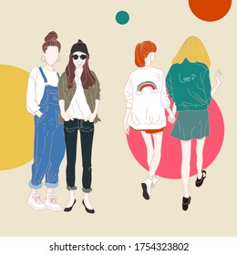 Street fashion girls, fashionable style on a casual day. working women style vector characters. LGBT vector characters.
