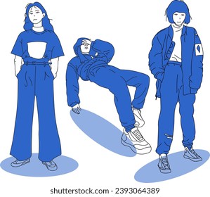 Street fashion girls vector realistic illustration. Young girls wearing trendy modern street style outfit standing . Cartoon style vector illustration isolated on white background.