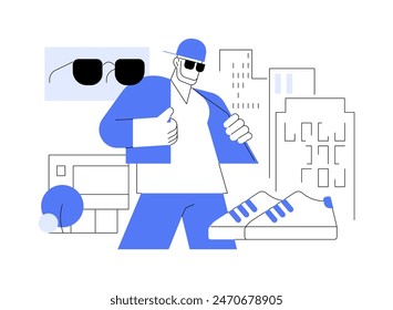 Ilustraciones vectoriales de dibujos animados aisladas de moda callejera. Hombre elegante en ropa deportiva y gafas retrato, estilo de vida de la gente, aspecto de moda de la calle, ropa nueva y accesorios Vector de dibujos animados.