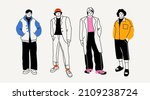Street fashion look for boys. Young men dressed in stylish trendy oversized clothing. Models standing in various poses. Korean japanese asian cartoon style. Hand drawn Vector isolated illustrations