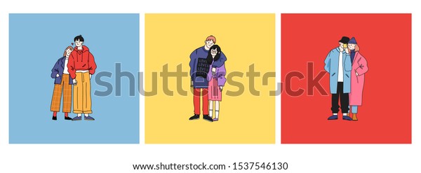 街のファッションルック おしゃれなトレンディの大きさの服を着た恋人のカップル 男の子と女の子 アジア系韓国人 漫画風 まんがアニメ 3つのイラストの 手描きのベクトルセット のベクター画像素材 ロイヤリティフリー