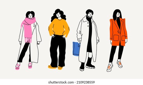 Street Fashion Look For Girls. Young Women Dressed In Stylish Trendy Oversized Clothing. Models Standing In Various Poses. Korean Japanese Asian Cartoon Style. Hand Drawn Vector Isolated Illustrations