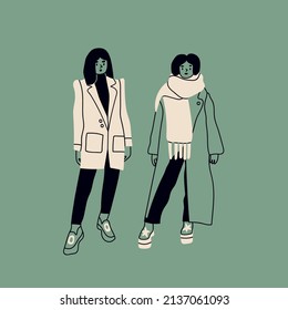 Street fashion look for girls. Young women dressed in stylish trendy oversized clothes. Two ladies standing together. Korean japanese asian cartoon style. Hand drawn Vector isolated illustrations