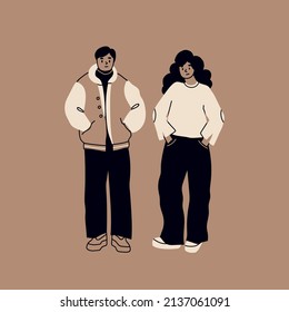 Street fashion look. Young man and woman dressed in stylish trendy oversized clothing. Couple standing in various poses. Korean japanese asian cartoon style. Hand drawn Vector isolated illustrations