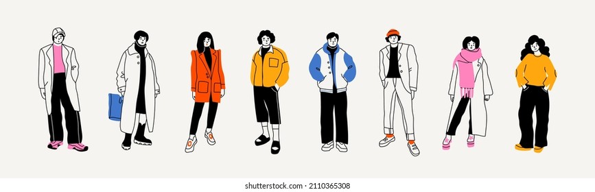 Street fashion look. Young men and women dressed in stylish trendy oversized clothing. Models standing in various poses. Korean japanese asian cartoon style. Hand drawn Vector isolated illustrations - Shutterstock ID 2110365308