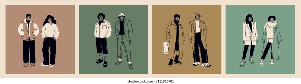 Street fashion look. Young men and women dressed in stylish trendy oversized clothing. Couples standing in various poses. Korean japanese asian cartoon style. Hand drawn square Vector illustrations