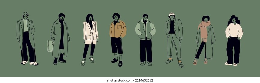 Street fashion look. Young men and women dressed in stylish trendy oversized clothing. Models standing in various poses. Korean japanese asian cartoon style. Hand drawn Vector isolated illustrations