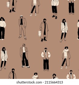 Street fashion look. Young men and women dressed in stylish trendy oversized clothing. Models standing in various poses. Korean japanese asian cartoon style. Hand drawn Vector seamless Pattern