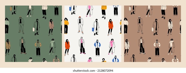 Street fashion look. Young men and women dressed in stylish trendy oversized clothing. Models standing in various poses. Korean japanese asian cartoon style. Hand drawn Vector seamless Patterns