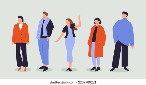 Street fashion look. Young men and women dressed in stylish trendy oversized clothing. Models standing in various poses. Korean japanese asian cartoon style. Hand drawn Vector isolated illustrations