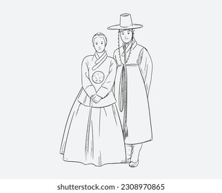 Street fashion look. Young men and women dressed in stylish trendy oversized clothing. Models standing in various poses. Korean asian cartoon style. People wearing Korean traditional clothes