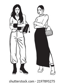 Street fashion look. young women dressed in stylish trendy oversized clothing. model various poses