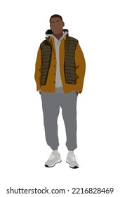 Street fashion man fashionable look. Young black man wearing trendy modern sport style outfit - hoodie and vest. Cartoon male character vector realistic illustration isolated on white background.