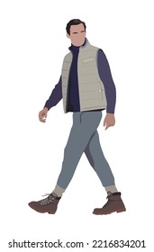 Street fashion man fashionable look. Young business man wearing trendy modern sport style outfit walking. Cartoon male character vector realistic illustration isolated on white background.