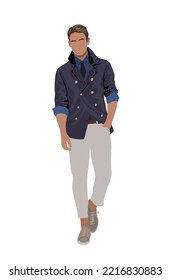 Street fashion man office look. Young business man wearing trendy modern smart casual outfit walking. Cartoon style vector realistic illustration isolated on white background.