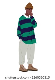Street fashion man. Stylish black guy standing in trendy vintage outfit. Vector