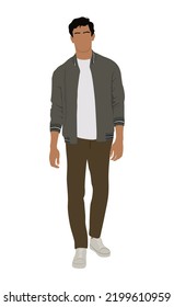 Street fashion man vector art illustration. Young guy wearing trendy modern street style outfit standing. Cartoon male character vector realistic illustration isolated on white background.