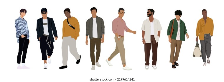 Moda callejera hombres ilustraciones de arte vectorial. Jóvenes con atuendos modernos y modernos al estilo de la calle parados y caminando. Caricaturas masculinas vectoriales ilustraciones realistas aisladas en blanco.