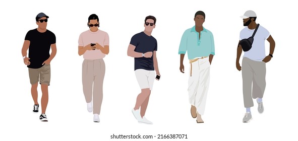 Ilustración vectorial de los hombres de moda callejera. Jóvenes vestidos con un moderno y moderno estilo de calle, ropa de verano informal de pie y caminando. Ilustración de arte vectorial con estilo de dibujos animados aislada en fondo blanco.