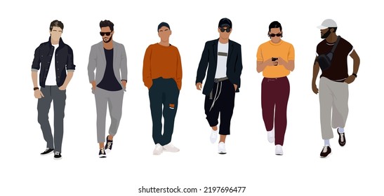 Street fashion men vector illustration. Young men wearing trendy modern street style outfit standing and walking. Cartoon style vector illustration isolated on white background.