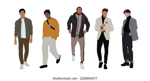 Ilustración vectorial de los hombres de moda callejera. Jóvenes con atuendos modernos y modernos al estilo de la calle parados y caminando. Ilustración vectorial de estilo caricatura aislada en fondo blanco.