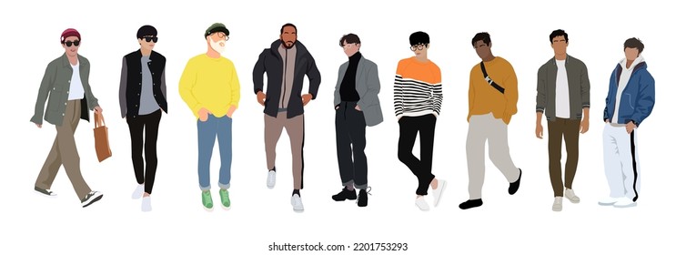 Street fashion men vector illustration. Young men wearing trendy modern street style outfit standing and walking. Cartoon style vector realistic illustration isolated on white background.