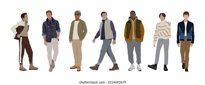 Street fashion men vector illustration. Young men wearing trendy modern street style outfit standing and walking. Cartoon style vector realistic illustration isolated on white background.