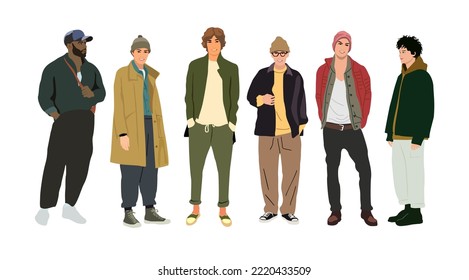 Street fashion men vector illustration. Different young men wearing trendy modern street style autumn outfit standing full length. Cartoon vector realistic illustration isolated on white background.