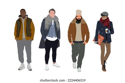 Ilustración vectorial de los hombres de moda callejera. Jóvenes con atuendos modernos y modernos al estilo de la calle parados y caminando. Estilo de dibujos animados vectorial ilustración realista aislada en fondo blanco.