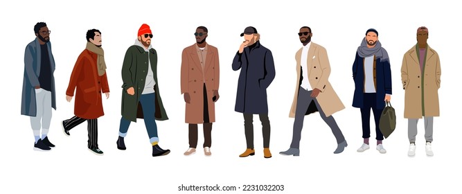 Ilustración vectorial de los hombres de moda callejera. Jóvenes usando ropa moderna de moda de otoño o invierno estilo calle - abrigo, bufanda, sombrero. Ilustración realista del vector de dibujos animados aislada en fondo blanco.