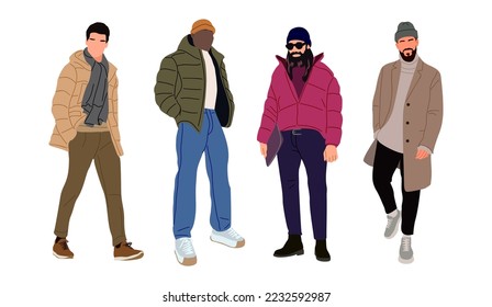 Street fashion men vector illustration. Young men wearing trendy modern autumn or winter street style outfit - coat, scarf, hat. Cartoon vector realistic illustration isolated on white background.