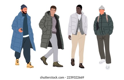 Ilustraciones vectoriales de los hombres de moda callejeros. Hombres guapos de diferentes razas y edades usando ropa interior de invierno moderna de moda estilo calle, de pie, caminando. Personajes masculinos de caricatura aislados en fondo blanco