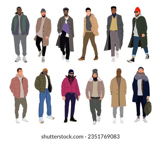 Dibujos vectoriales de hombres de moda callejeros. Diferentes hombres con ropa moderna de otoño, ropa de abrigo de invierno, vestidos de estilo callejero parados y caminando. Personajes masculinos de caricatura aislados en fondo blanco