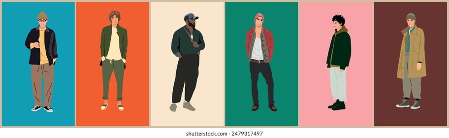 Street fashion men vector illustrations set. Different men wearing modern autumn, winter warm clothes, street style outfit standing and walking. Cartoon male characters isolated on colorful background