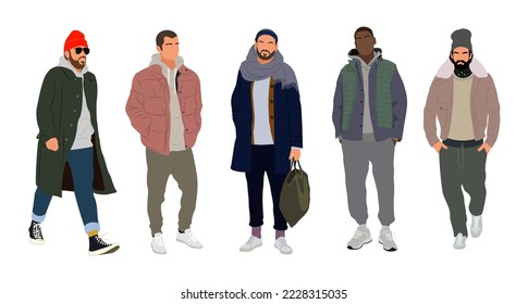 Street fashion men vector realistic illustrations. Stylish men wearing trendy modern autumn or winter street style outfit standing and walking. Cartoon male characters isolated on white background.