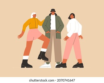 Concepto de estilo de moda callejera. Grupo de personas, amigos, adolescentes con elegantes trajes informales parados juntos y posando. Invierno de moda, ropa de otoño. Ilustración vectorial plana aislada moderna