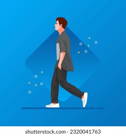 Street fashion vector flat design illustration. Street style outfit standing and walking. Cartoon male character isolated on gradations background.