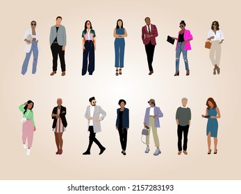 Street fashion vector illustration. Collection of stylish young women and men dressed in trendy clothes. Set of fashionable casual and formal outfits. Bundle of cute girls and men trendsetters.