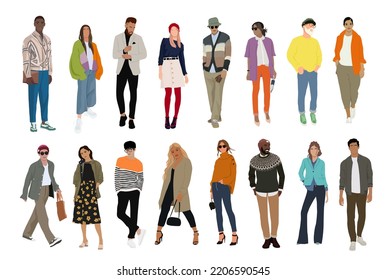 Street fashion vector illustration. Collection of stylish young women and men dressed in trendy clothes. Set of fashionable casual and formal outfits. Bundle of cute girls and men trendsetters.