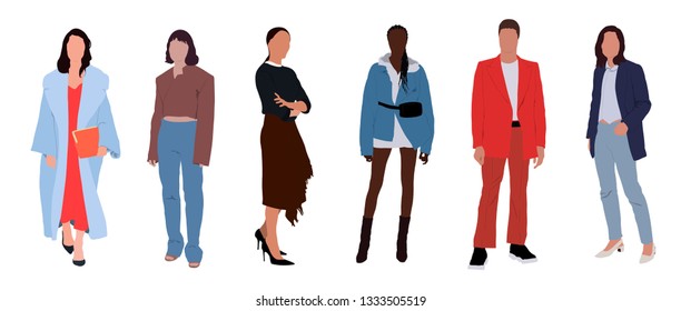 Street fashion vector illustration with different people wearing stylish clothes. Minimalistic drawing style