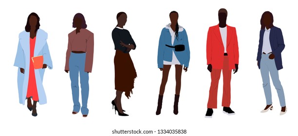 Street fashion vector illustration with different people wearing stylish clothes. Minimalistic drawing style