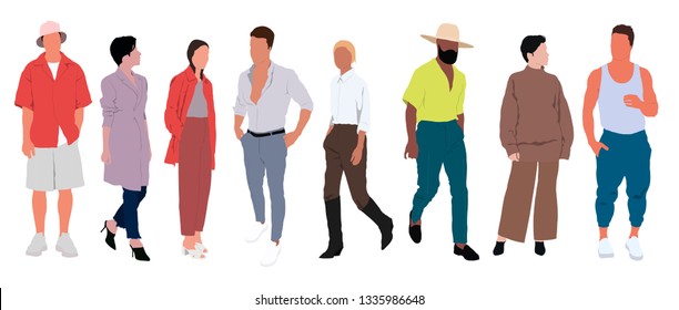 Street fashion vector illustration with different people wearing stylish clothes. Minimalistic drawing style. Stylish clothes for cloth design, Textile and cloth background