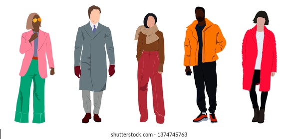 Street fashion vector illustration with different people wearing stylish clothes. Minimalistic drawing style. Stylish clothes for cloth design. Textile print. Fashion print for any purposes