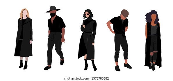 Street fashion vector illustration with different people wearing stylish clothes. Minimalistic drawing style. Stylish clothes for cloth design. Textile print. Fashion print for any purposes