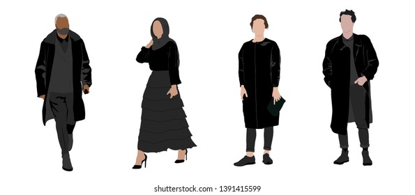 Street fashion vector illustration with different people wearing stylish clothes. Minimalistic drawing style. Stylish clothes for cloth design. Textile print. Fashion print for any purposes