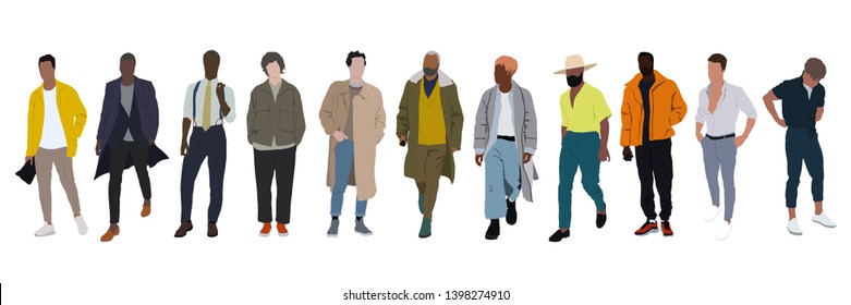 Street fashion vector illustration with different people wearing stylish clothes. Minimalistic drawing style. Stylish clothes for cloth design. Textile print. Fashion print for any purposes