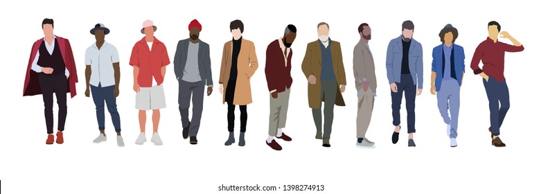 Street fashion vector illustration with different people wearing stylish clothes. Minimalistic drawing style. Stylish clothes for cloth design. Textile print. Fashion print for any purposes