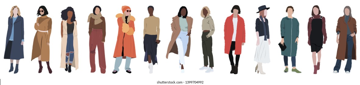 Street fashion vector illustration with different people wearing stylish clothes. Minimalistic drawing style. Stylish clothes for cloth design. Textile print. Fashion print for any purposes