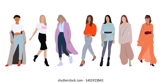 Street fashion vector illustration with different people wearing stylish clothes. Minimalistic drawing style. Stylish clothes for cloth design. Textile print. Fashion print for any purposes