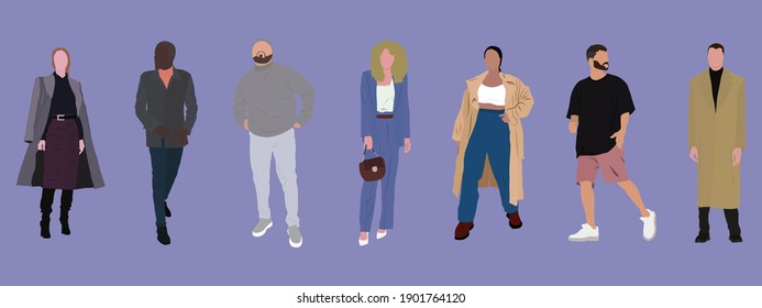 Street fashion vector illustration with different people wearing stylish clothes. Minimalistic drawing style. Stylish clothes for cloth design. Textile print. Fashion print for any purposes